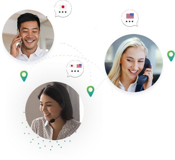 american and japanese people on call, communicating thanks to remote interpreter