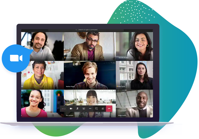 computer displaying online meeting with 9 people