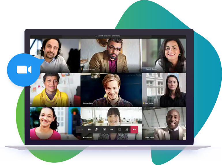 computer displaying online meeting with 9 people